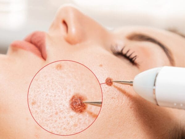 Belle Ange Beauty Services Ajax Electrocoagulation and laser cosmelotogy. Dermatologist using a professional electrocautery for removing mole. Zoomed area of melanoma